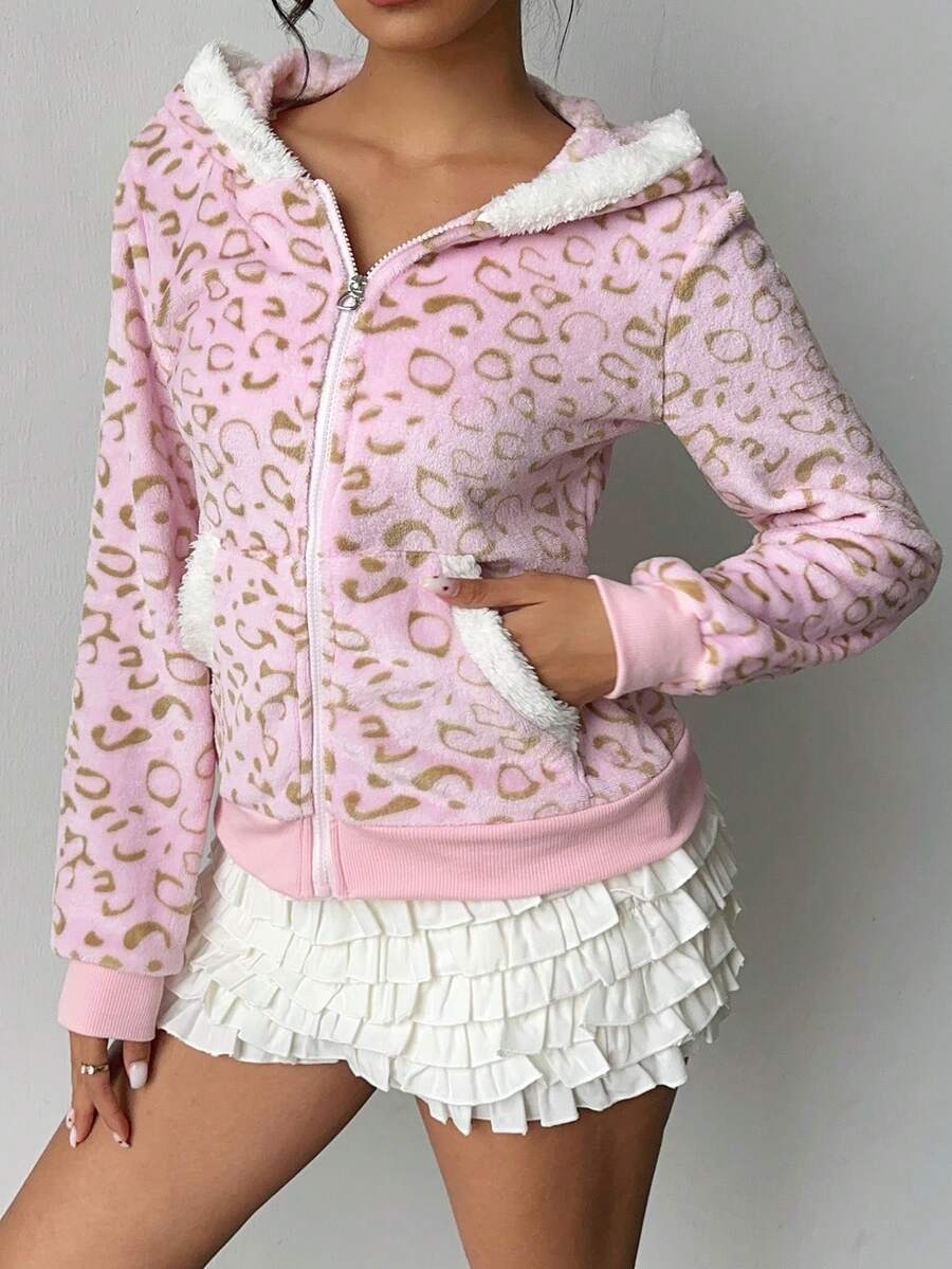 SHEIN PETITE 秋冬季女士休闲撞色保暖拉链卫衣，豹纹印花，修身腰部设计，面料柔软，适合返校季穿着 - 粉色 - 查看 1