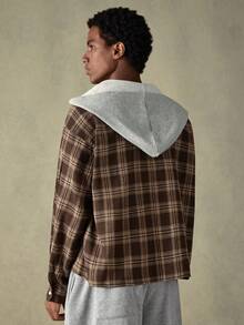 SWAVVY 男士格子连帽休闲长袖衬衫 - 卡其色 - 查看 2