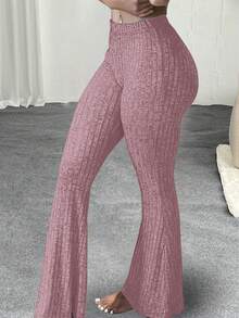 Slaydiva Plus Size Elastic Waist Casual Slim Fit Flare Pants, Ribbed, Suitable For Autumn & Summer - Pink - View 1