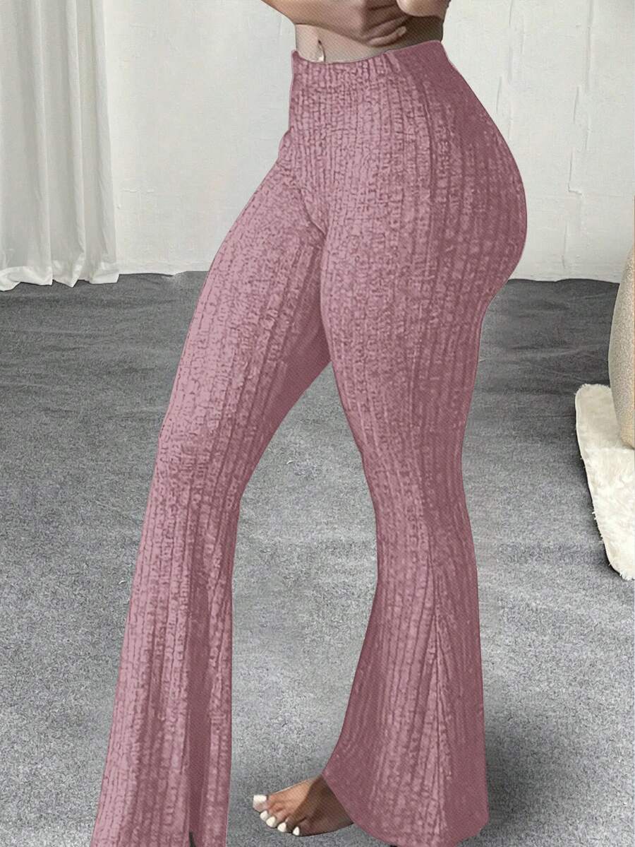 Slaydiva Plus Size Elastic Waist Casual Slim Fit Flare Pants, Ribbed, Suitable For Autumn & Summer - Pink - View 1