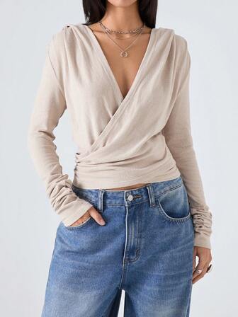 LYSMO 女士纯色交叉V领长袖褶皱性感T恤