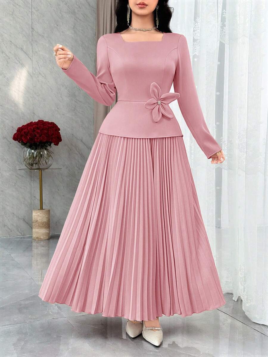 Feyla Đầm dài tay họa tiết hoa tối giản đơn sắc dành cho nữ - Hồng - Xem 1