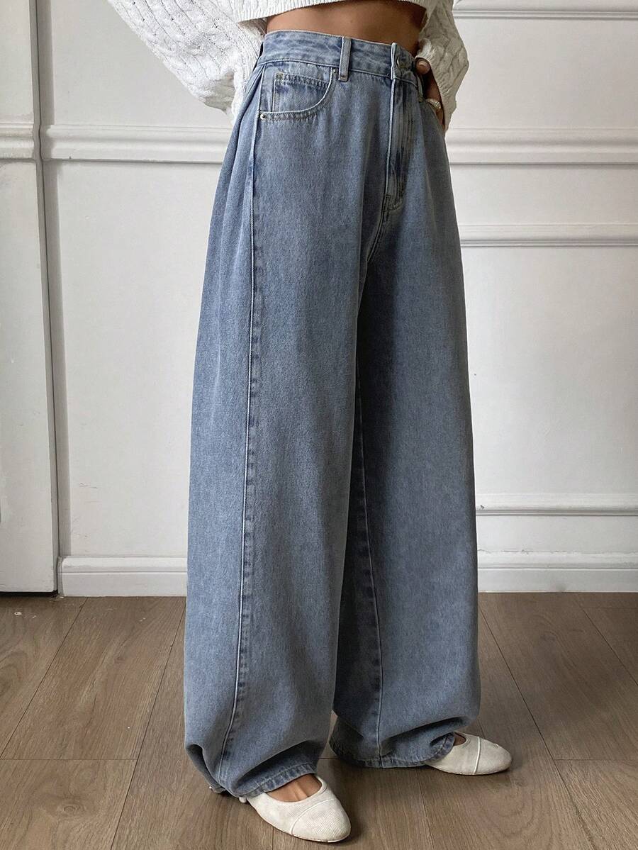DAZY Jeans de pierna recta con botón suelto y dobladillo de unicolor - Lavado ligero - Ver 1