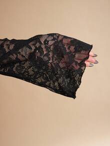 SHEIN BAE Váy ren hoa thanh lịch cổ chữ V tay dài cỡ lớn, thích hợp mặc hàng ngày, đi chơi, hẹn hò, trà chiều, nghỉ mát, mùa xuân/thu, trở lại trường - màu đen - Xem 7