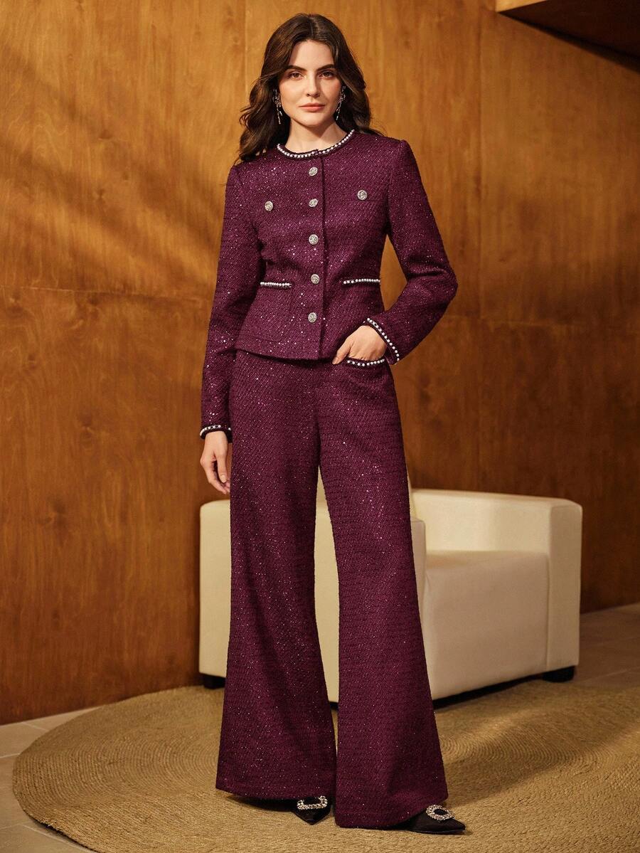 Anewsta Women's Vintage Round Neck Tweed Sequin Tassel Pearl Knit Elegant Metal Button Waist Long Sleeve Short Christmas Jacket - Burgundy - View 1