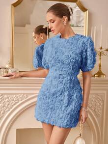 Aveloria Rosie 3D立体花卉装饰收腰短袖奢华欧美风时尚迷你连衣裙 - 藍色 - 查看 6