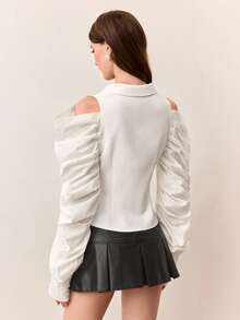 SHEIN Unity Blusa de manga larga elegante con cuello ajustado, diseño de parches de unicolor, mangas con volantes multicapa exageradas y hombros descubiertos de moda y versátil - Blanco - Ver 2