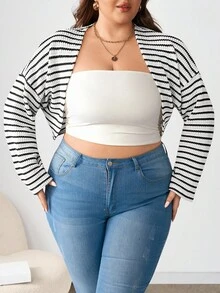 Enliva 显然_乌木加大码女式开衫上衣，纹理条纹面料长袖夹克短款开衫外套，适合苹果圆身材 - 黑與白 - 查看 3