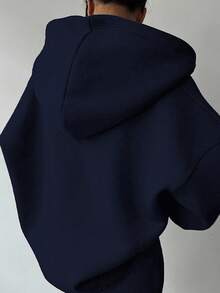 SHEIN EZwear 休闲简约女式宽松长袖藏蓝色卫衣，带口袋，适合秋冬季节穿着。 - 藏蓝色 - 查看 3