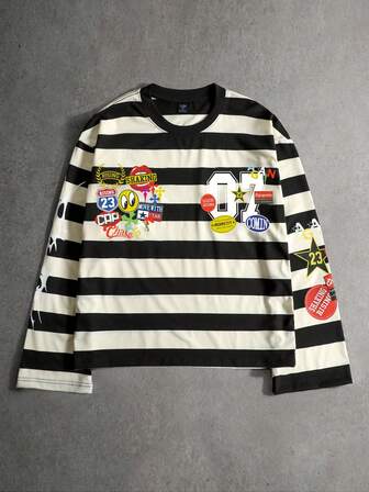 Street Life Maglietta a maniche lunghe casual da uomo con stampa a righe e lettera