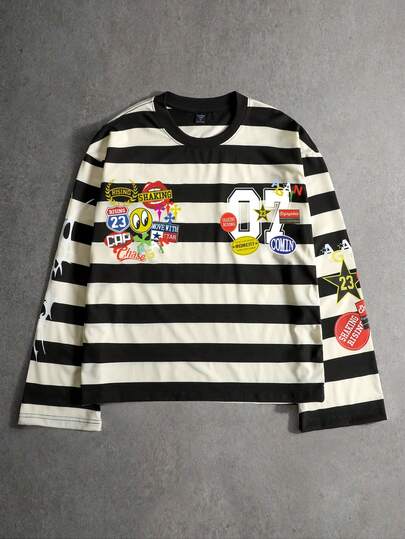 Street Life T-shirt à manches longues décontracté pour hommes avec imprimé rayé et lettres