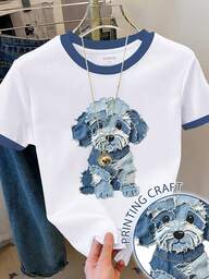 Resyla Women's Short Sleeve Creative Puppy Print Colorblock Round Neck T-Shirt, Casual Summer