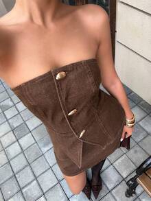 Aloruh 女士前扣吊带背心和牛仔裙套装 - 棕色 - 查看 3
