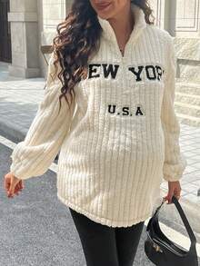 SHEIN Maternity Letter Embroidery Zipper Partial Placket Long Sleeve Fleece Sweatshirt And Adjustable Waist Leggings Casual Suit - Multicolor - View 3