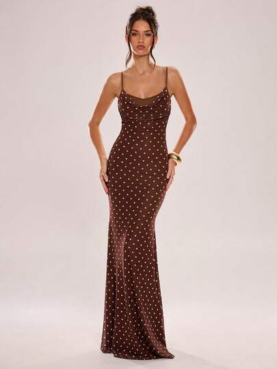 Avenya 二合一深V领波点印花吊带鱼尾裙