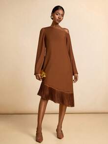 Lyxana Asymmetric Shoulder Long Sleeve Asymmetrical Fringe Hem Dress - Brown - View 6