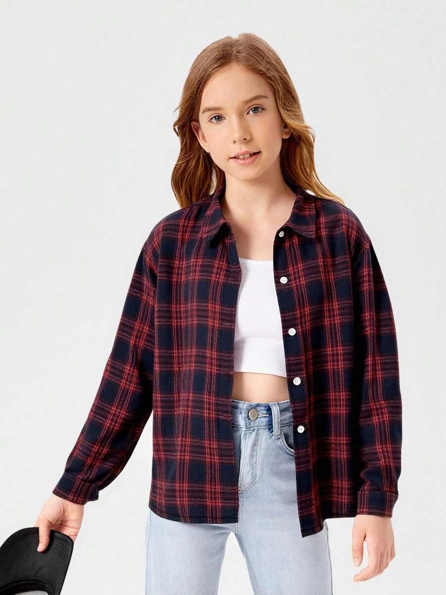 SHEIN 少女宽松休闲简约舒适格子领长袖衬衫 - 彩色 - 查看 1