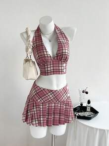 Elamini Bộ 2 món áo crop top hở lưng kẻ caro gợi cảm và chân váy mini xếp ly cho nữ, mùa hè - Hồng - Xem 1