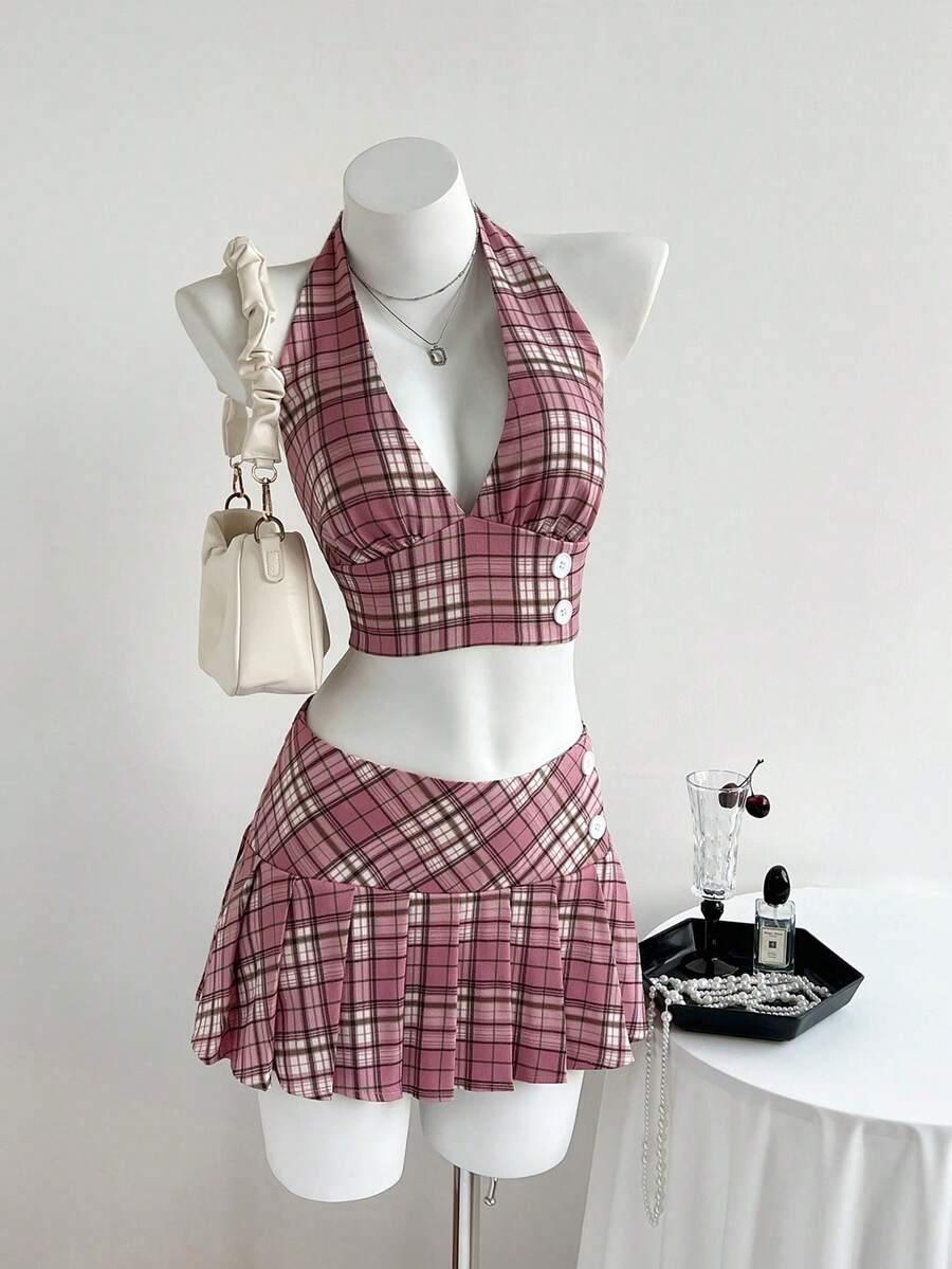 Elamini Bộ 2 món áo crop top hở lưng kẻ caro gợi cảm và chân váy mini xếp ly cho nữ, mùa hè - Hồng - Xem 1