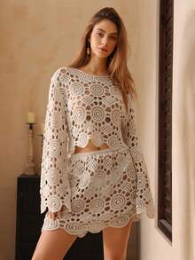Swim Chiccia Women's Solid Color New Summer Beach Hollow Out Regular Crochet Beach Vacation Mini Skirt - Apricot - View 5