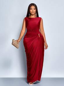 SOLERSUN Vestido Longo Maxie Elegante de Plus Size Feminino, Cor Sólida, Plissado, Vazado, Fivela de Metal Exclusiva, Franzido, Fenda, Sem Mangas, para Outono e Inverno, Casual, Festa, Dama de Honra, Halloween, Natal, Réveillon, Roupa de Festa, Design de Vestido Envelope - Vinho - Visão 7