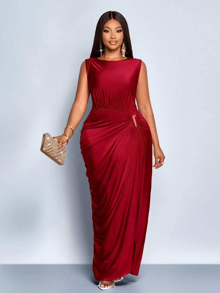 SOLERSUN Vestido largo de mujer talla grande de diseño elegante y sólido con pliegues, recortes, hebilla de metal, diseño de nicho, drapeado y abertura, sin mangas, para otoño e invierno, uso casual, fiesta, dama de honor, Halloween, Navidad, Año Nuevo, ropa de vacaciones, diseño de envoltura de capullo - Burdeos - Añade 7