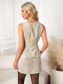 SHEIN Clasi Women's Tweed Metal Single-Breasted Vest And Bodycon Mini Skirt Elegant Set,Teacher Outfit Women - Apricot - View 7