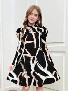 SHEIN 少女优雅经典几何图案立领羊腿长袖A字连衣裙，适合秋冬季节穿着，也适合日常休闲穿着，非常适合休闲、日常穿着、上学穿着，也适合优雅的派对、生日派对、圣诞派对、母女装、姐妹装等场合。 - 黑色 - 查看 8