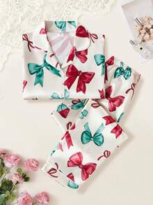 Genkimix Kids 女童圣诞蝴蝶结印花睡衣套装（2件套），长袖上衣和长裤，适合春秋季穿着 - 彩色 - 查看 1