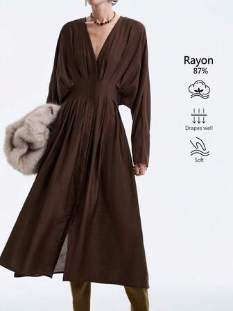 Aalyst Sukienka maxi damska w jednolitym kolorze z dekoltem w serek, ukrytym zapięciem na guziki, plisowaną talią, kieszenią i elastycznym pasem, z rękawami typu dolman, elegancka, minimalistyczna i uniwersalna w stylu vintage w stylu francuskim, odpowiednia na zimę, Halloween, Boże Narodzenie, Święto Dziękczynienia, popołudniową herbatę, oficjalne okazje, spotkania rodzinne