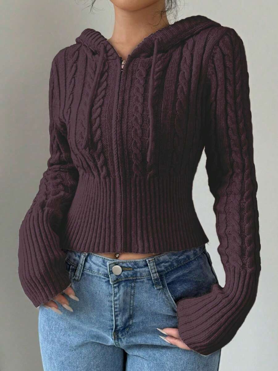 Flirla Áo khoác cardigan trùm đầu màu trơn thường ngày dành cho nữ, đa năng cho mùa thu/đông - Màu đỏ tím - Xem 1