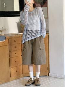 DAZY 镂空独特薄款长袖女式毛衣 - 藍色 - 查看 7