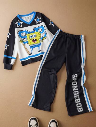 SpongeBob SquarePants | SHEIN Tween Boy Patchwork Colorblock Striped American Sports Baseball Print Knit V-Neck Loose Sweatshirt And Sweatpants Set