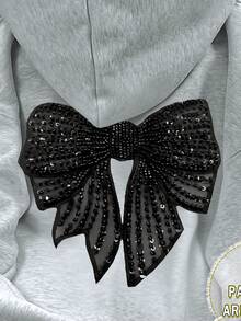 SHEIN Sparklyn Teen Girl Casual Fashion Creative Refreshing Minimalist Black Shiny Bow Double-Sided Printed Sweatshirt, Grey, Autumn, Street Style, Cool Girl, Daily Wear - Light Grey - View 4