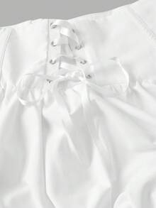 SHEIN MOD 黑色梦幻浪漫优雅泡泡短裤，蕾丝边饰和蝴蝶结点缀，腰部拼接设计，交叉绑带，适合约会、派对、度假、下午茶、生日装扮等场合。 - 白色 - 查看 3