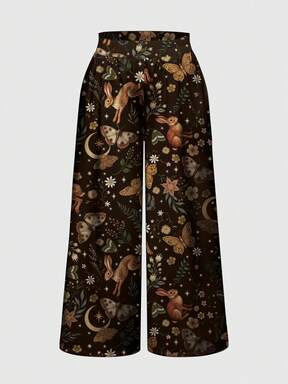 Goth Plus Size Loose Wide Leg Pants With All-Over Floral, Plant, Sun, Moon, Star And Rabbit Butterfly Print, Dark Forest Aesthetic