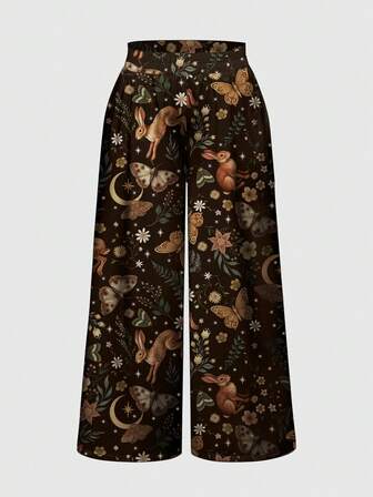 Goth Pantalones anchos y holgados de talla grande con estampado todo sobre floral, de plantas, sol, luna, estrellas y mariposas, de estética del bosque oscuro