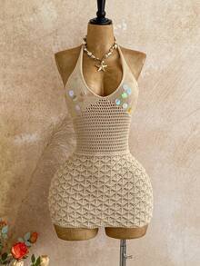 Váy len bó sát cổ chữ V hở vai phối sequin giả trang trí họa tiết vảy cá cho ngày lễ Soleia dành cho nữ, có viền tua rua, váy nghỉ dưỡng hở lưng phối dây buộc, thích hợp cho ngày lễ, hẹn hò, tiệc trà chiều, tiệc tùng, bãi biển, du ngoạn, nghỉ dưỡng trên đảo, chuyến du ngoạn thành phố, mùa cưới, lễ hội âm nhạc, kỳ nghỉ theo phong cách Boho, trang phục đi biển, có thể mặc bên trong hoặc bên ngoài váy móc sequin váy vỏ sò váy vỏ sò váy móc - Màu be - Xem 7