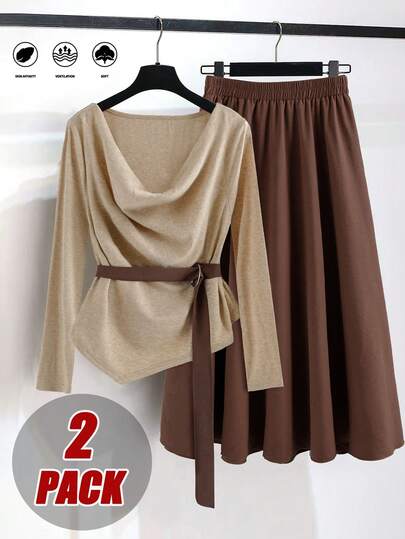 Franclia 大码秋冬宽松腰带T恤和A字休闲长裙套装，适合约会和聚会的优雅装扮