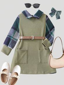 SHEIN Elladie kids 女童撞色格纹长袖口袋休闲连衣裙 - 橄欖綠 - 查看 3