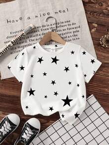 女童舒适休闲星形图案短袖上衣，适合春夏、新年、圣诞节等场合，可作礼物，女童服装 - 白色 - 查看 5