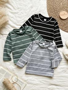 Vintaside Kids 3pcs/Set Newborn Baby Boy Striped Long Sleeve T-Shirt,Autumn Casual Round Neck Undershirt,Black White/Gray Green,Back-To-School Carrer Day School - Multicolor - View 3