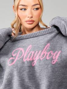 Missguided x Playboy Script Knitted Cropped Jumper And Flared Leggings Matching Co-Ord Set Winter Loungewear Outfit - Grey - View 5