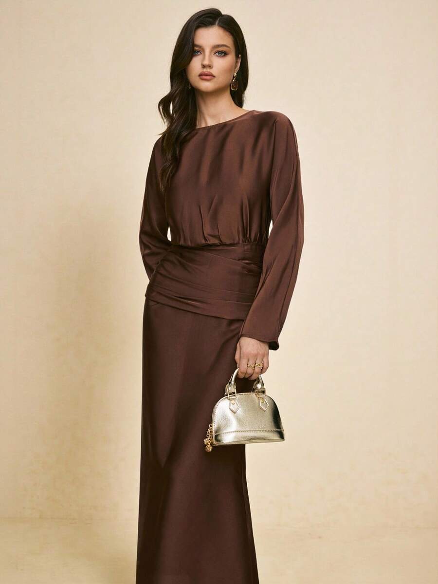 Poéselle Vestido de manga larga con cintura ceñida de unicolor elegante para mujeres - Marrón - Ver 1