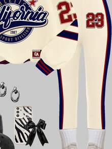 两件套女童复古运动23号印花套装，休闲圆领长袖卫衣搭配修身长裤，适合秋冬季节、居家、度假、舒适季节、圣诞节氛围、圣诞礼物、秋冬穿搭、轻松舒适、适合小女孩秋冬叠穿、时尚女孩、休闲装、儿童爱心图案服装、秋冬服装、圣诞服装、新年服装、时尚秋季、新风格、冬季时尚 - 彩色 - 查看 6