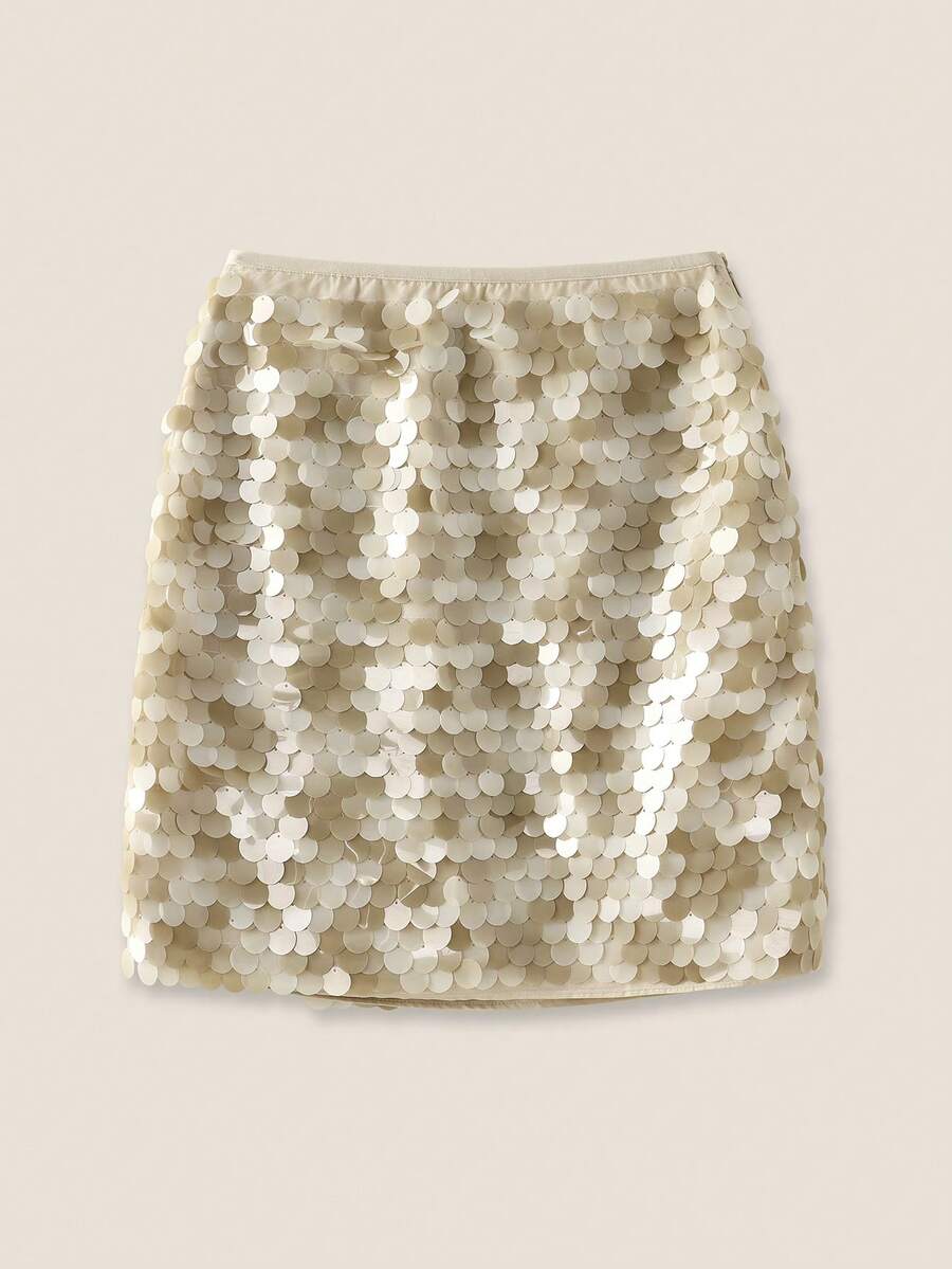 SHEIN Unity Women Skirt, Minimalist Fashion Sequins Suitable For Summer, Summer For Women - Khaki - View 1