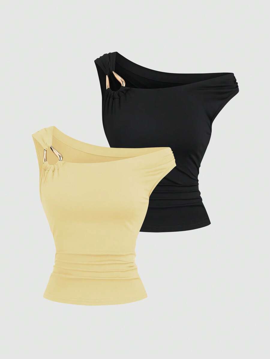 Sweetra 2pcs/Set Asymmetric Collar Fitted T-Shirt, Versatile Casual Top, Spring/Summer