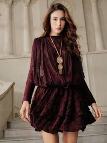 Anewsta Savoree Fashionable Lace Hollow Out Fitted Knit Dress, Elegant Party Dress, Loose Short Style Suitable For Christmas, Thanksgiving Outfit - Burgundy - View 2