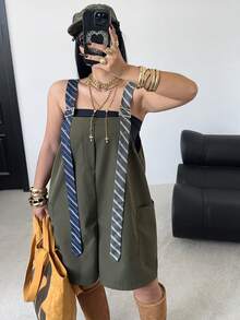 POPSWAY Plus Size Women Striped Contrast Color Pocket Casual Jumpsuit, Suitable For Street, Vacation, Date, Party, Spring/Summer - Army Green - View 5