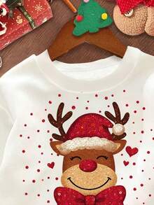 SHEIN Model minimalist casual de Crăciun cu reni drăguți, buline roșii, alb crem, stil balet la modă, moale și drăguț, festiv, hanorac tricotat confortabil cu mânecă lungă, cu guler rotund lejer, potrivit pentru toamnă/iarnă, ieșiri de Crăciun